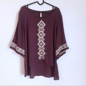 4/$25 Lace Hi Lo Lace Maroon Blouse Balloon Sleeve
